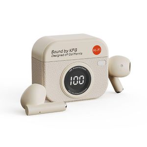 Litglobe Écouteurs Bluetooth sans fil de style appareil photo rétro, écouteurs semi-intra-auriculaires à réduction de bruit, adaptés au sport et au fitness, avec affichage numérique, similicuir et design Hi-Fi.