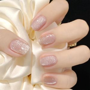 CALLIARA Faux ongles autocollants pailletés rose nu, carrés courts diamantés, pour usage quotidien et mariage