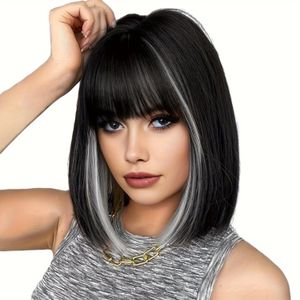 Perruque bob synthétique pour femme de 30 cm avec frange, cheveux raides noirs et gris méchés.