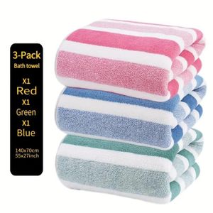 Ensemble de serviettes de bain 3 pièces - Ultra douces et absorbantes, serviettes séparées à rayures bicolores - Bleu + Rouge + Vert