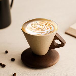 Tasse Café Design en Céramique avec Support Bois – Mug Cappuccino Moderne