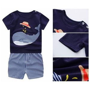 2 pièces/ensemble Garçons Dessin Animé Animal Baleine Bleue Rayé T-shirt Ensemble Short Et Haut Vêtements Pour Enfants