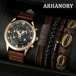 ARHANORY Montre Homme à Quartz avec 4 Bracelets Gratuits Style Professionnel – Marron