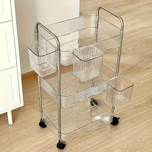 Chariot mobile avec roues, chariot de rangement en acrylique, unité de rayonnage à trois niveaux, adaptée pour le rangement des cosmétiques, fabriquée en matériau transparent.