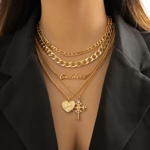Set de 5 pièces Femmes collier or-ton alliage chaîne avec déesse mot pendentif croix religieuse charme coeur vintage