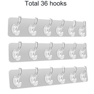 3 lots de porte-crochets adhésifs muraux haut de gamme avec 6 crochets transparents, soit 36 crochets au total