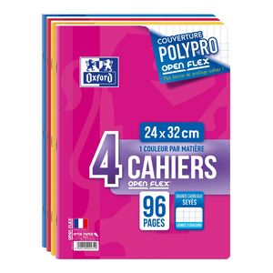 Oxford Lot de 4 Cahiers Open Flex 24x32 cm - 96 Pages - Grands Carreaux (Seyès) - Couleurs Assorties