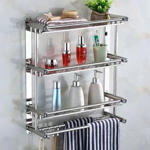  étagère de salle de bain à trois niveaux en acier inoxydable chromé est idéale pour organiser vos produits de douche et suspendre vos serviettes.