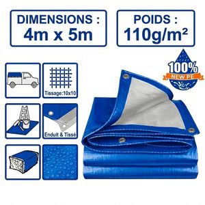 White Label Bâche de Protection Haute Résistance Bleue – 4m x 5m (110g/m²)