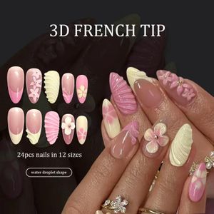 Autocollants pour ongles floraux 3D, faux ongles en forme d'amande, ongles portables pour femmes