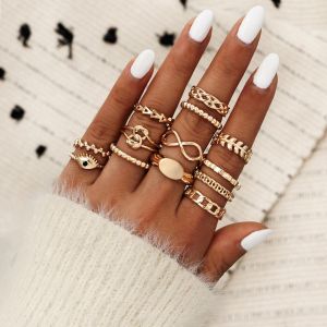 Ensemble de bagues métalliques à phalanges pour femmes 12 pièces or