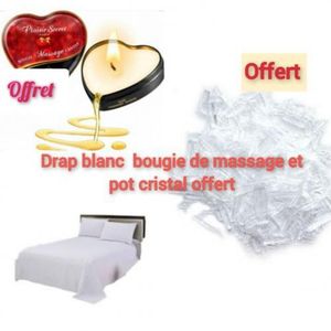 Draps de Lit blanc 100% Coton avec 2 taies  Blanc+ Pot cristal+massage