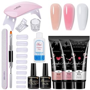 ARHANORY 12pcs/ensemble Kits d'art pour ongles en gel polyester, lampe à ongles mini, base, couche de finition, solution de glissement, 3 couleurs d'extension polygel