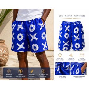 Short Ankara Décontracté à Motif "XO" – Bleu et Blanc – 100% Coton