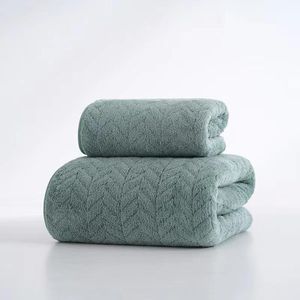Ensemble de serviettes en molleton de corail et serviette de bain, couleur unie, motif épi de blé, adulte, épais, absorbant, très grand, doux - vert
