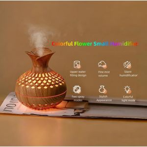 Humidificateur d'air USB 300ml, Mini Humidificateur, Humidificateur de Bureau, Humidificateur en Forme de Vase Creux avec Lumières de Nuit Colorées, 7 couleurs, 2 Modes de Brume - Finition bois foncé