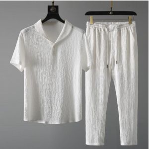 TOUPHY Ensemble T-shirt à manches courtes et pantalon uni texturé – Tissu texturé confortable, tenue quotidienne minimaliste