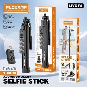 Trépied Perche Selfie Plokama LIVE-F8 (180cm) en Alliage d'Aluminium - Base Quadri-Pieds (Quad Stand) Ultra Stable, Télécommande Bluetooth & Vis Universelle 1/4"