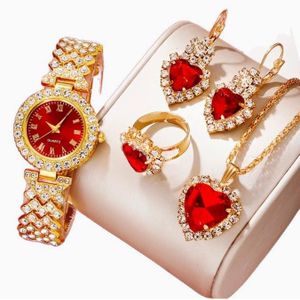 4 pièces Montre de luxe pour femme Bague Collier Boucles d'oreilles Bijoux à strass Montre de mode Montre de poignet décontractée Bracelet pour femme Ensemble de bijoux