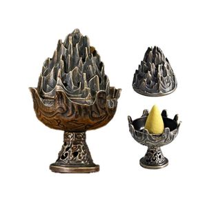 ShebSheb Petit porte-encens en laiton Lotus, brûleur d’encens conique vintage en forme de petite fleur avec couvercle - élégant récupérateur de cendres de bureau pour maison, bureau, yoga, méditation, spa, décoration de salon de thé (bronze, 2,7×3 cm)