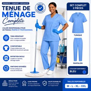 Tenue Complète de Ménage Professionnelle – Uniforme Femme Bleu – Haut + Pantalon – Tailles M à XXL