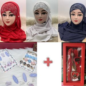 box hijab de Luxe : 3 Voiles Plissés avec Bonnets assortis Perlés + Accessoires Exclusifs