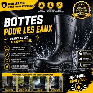 Bottes De Pluie Imperméables Haute Protection – Anti Dérapantes PVC Résistant – Bottes De Sécurité Travail Chantier Pêche Agriculture – Noir