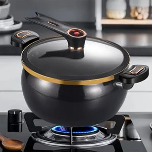 Grande casserole en fonte de 8L avec couvercle verrouillable - Pot polyvalent pour soupes et ragoûts rapides, compatible avec cuisinière à gaz, noir avec accents dorés