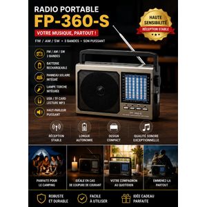 Radio Portable FP-360-S Rechargeable FM/AM/SW 3 Bandes - Panneau Solaire Intégré, Lampe Torche, Lecture USB/Carte TF, Haut-Parleur Puissant