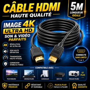 Câble HDMI 5M Haute Vitesse – 4K Ultra HD – Audio Vidéo HD – Compatible TV, PC, Console, Décodeur