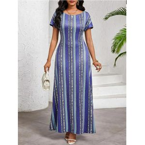 CALLIARA Robes Maxi Bleues à Imprimé Ethnique Bohème pour Femmes à Haute Élasticité