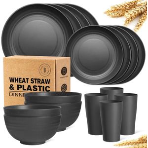 Ensemble de vaisselle en paille de blé 16 pièces/lot, assiette + bol + ensemble de tasses