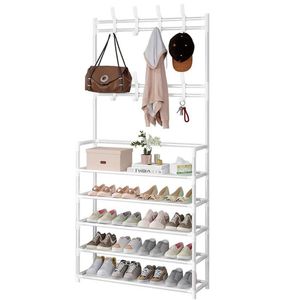 TodyJeyHo TodyJeyHo 5-Tier Metal Coat & Shoes Rack - White, 23.62" x 10.24" x 64.96" - Entryway Organizer with Hooks