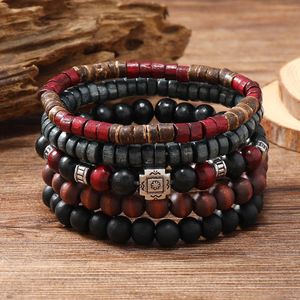Bracelet Homme 5 en 1 - Perles en Bois, Design Élastique Superposable Style Chinois - Noir/Rouge