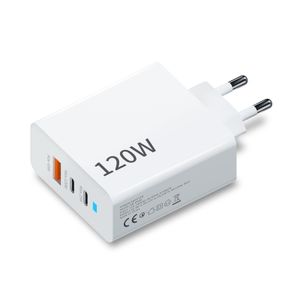 Chargeur GaN 120W à 3 ports (2 USB-C + 1 USB-A), chargeur rapide compatible avec les protocoles universels pour iPhone , charge ultra-rapide Samsung/Huawei/Xiaomi, chargeur ordinateur portable 65W pour MacBook/Dell, fiche fixe, sécurisé et durable.