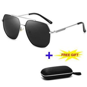 Lunettes de soleil pour hommes avec monture métallique polarisée carrée + boîte gratuite argentée
