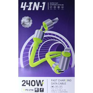 Câble 4-en-1 Fast Charge 240W Max / PD 27W Ultra-Rapide - Pour iPhone, Samsung, Huawei, Tecno...(Neon, Noir, Vert & Gris Métal) - Durable & Polyvalent