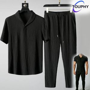 TOUPHY Ensemble T-shirt à manches courtes et pantalon uni texturé – Tissu texturé confortable, tenue quotidienne minimaliste