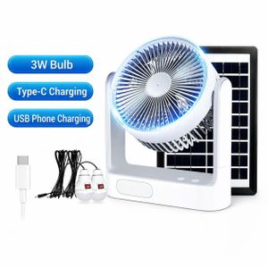 Ventilateur Solaire Rechargeable 6 Pouces – Mini Ventilateur Portable avec Panneau Solaire & 2 Ampoules LED, Recharge USB, Refroidissement et Éclairage Extérieur