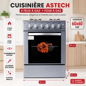Astech Cuisinière 4 Feux - 60x60 à Gaz avec Four Gaz Inox – CSI60MIS - Garantie 12 Mois