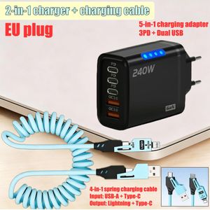 Prise européenne  Chargeur rapide 5 ports 240 W - Chargeur universel USB Type-C 5 en 1/Chargeur mural -Câble de données USB à charge rapide 4 en 1
