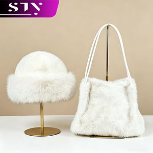 STY Ensemble sac à main en fausse fourrure de vison + chapeau pour dames 2 en 1, petit sac à main, chapeau pelucheux, sacs beiges pour femmes, chapeau seau, sac sous le bras
