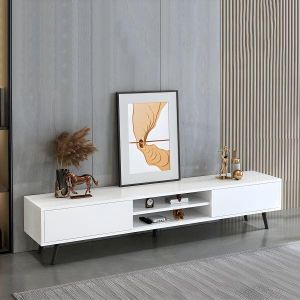 Meuble TV blanc 160 cm en bois – 2 portes, niches ouvertes et pieds noirs inclinés