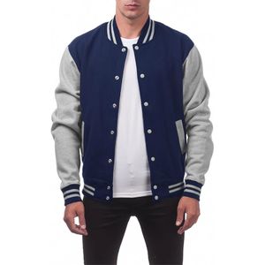 Veste de baseball pour homme à blocs de couleur avec doublure en molleton (bleu marine + manches gris clair)