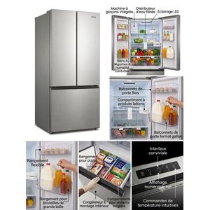 Galanz Réfrigérateur – French Door 3 Portes Inox – Grande Capacité 450L – Machine à Glaçons Intégrée  – Économie d’énergie – Frigo Moderne 2024