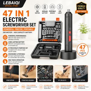 Coffret de 47 pièces : tournevis électrique, perceuse électrique et embouts assortis.