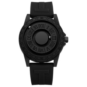 Montre Homme Noire à Bille Magnétique - Chiffres Romains, Bracelet Silicone et Design Sans Aiguille
