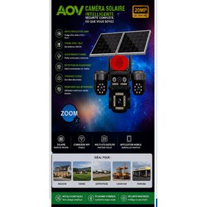 Caméra de Surveillance Solaire AOV Smart Camera 20MP Ultra HD – Wi-Fi, Vision Jour/Nuit, Détection de Mouvement, Audio Bidirectionnel