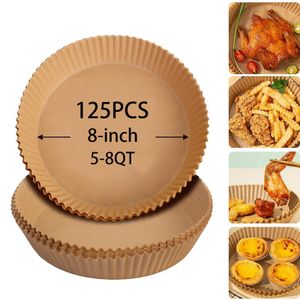 Flushrenic 125pcs de doublures en papier pour friteuse à air, papier parchemin antiadhésif naturel de 8 pouces, doublures antiadhésives pour friteuse à air sans agents blanchissants, pour friteuse à air, cuisson, rôtissage au micro-ondes