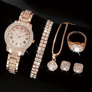 CALLIARA Ensemble de montres en or rose incrusté de diamants pour femmes, coffret cadeau luxueux de 5 pièces avec montre, collier, bracelet, bague et boucles d'oreilles